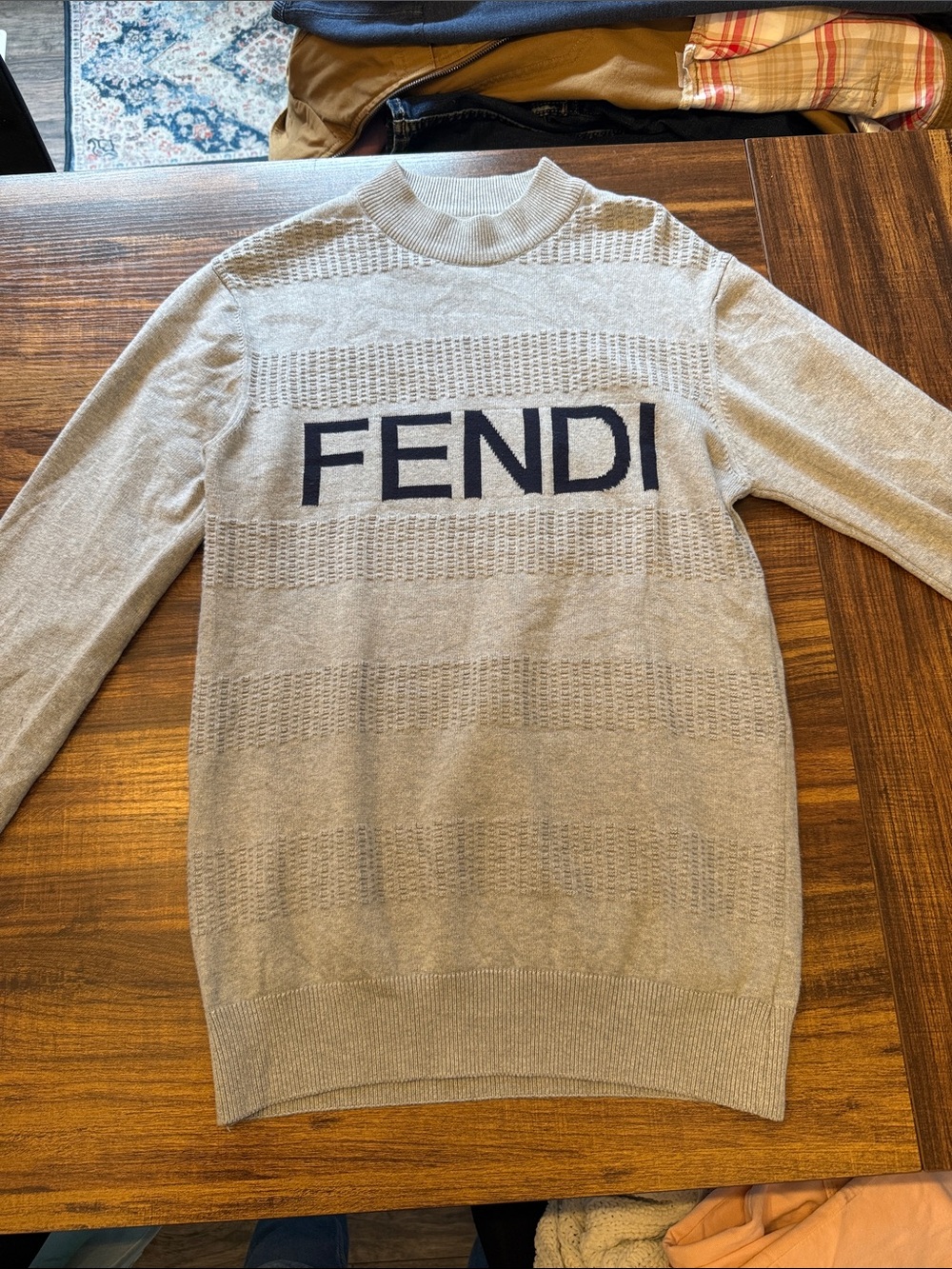 Fendi Beige Crewneck Sweater with Navy Logo